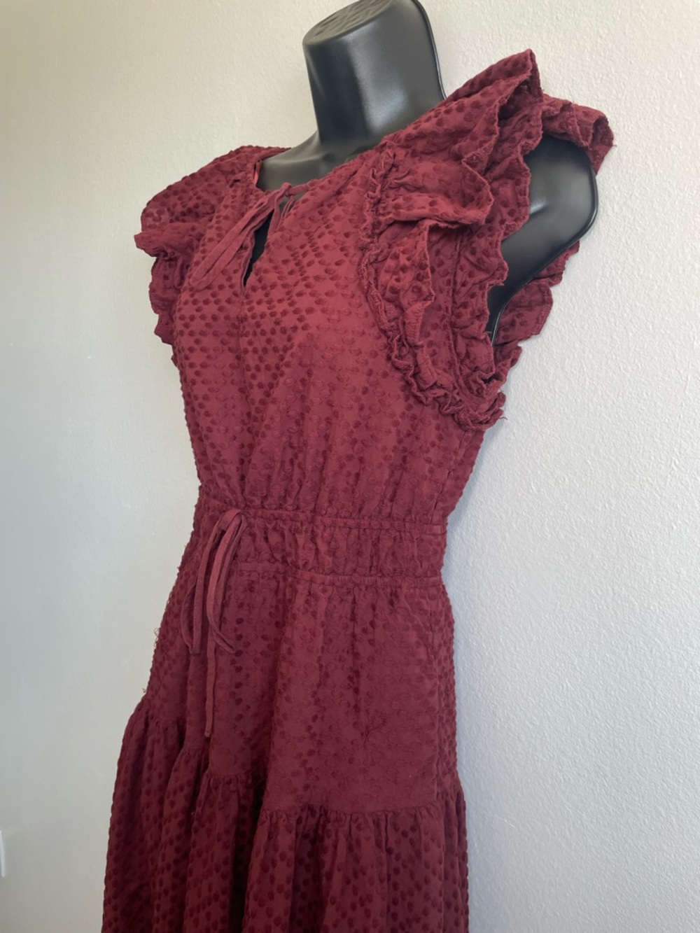 Chelsea & Violet Burgundy Swiss Dot Ruffle Midi Dress Size L (RUNS SMALL) - Picture 4 of 14